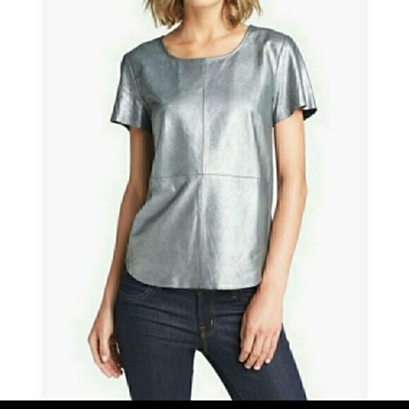 Trouve from Nordstroms Silver Real Leather Front Jersey Back Short Sleeve Top XS - Picture 2 of 8